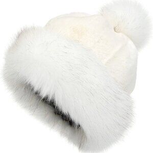 La Carrie Women's White Faux Fur Hat Russian Cossack Pompom Black Quilt Lined OS